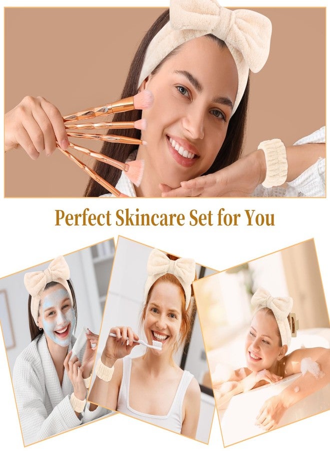 AMCAMI Spa Makeup Headband Set, Beige Fuzzy Bow Skincare Face Wash Headband Hair Accessories,Non-Slip Hair Claw Soft Wristbands for Women Daily - Image 5